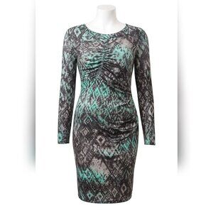 Lafayette 148 NY Teal Ikat Abstract Ruched Bodycon Dress 6 Long Sleeve Gallery